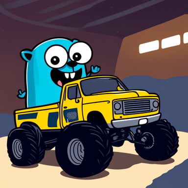 Go Blue Gopher looking in the mirror and it reflects with a monster truck.