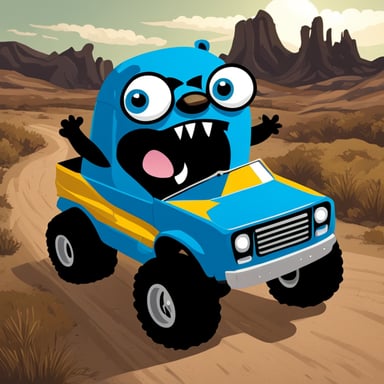 Go Blue Gopher looking in the mirror and it reflects with a monster truck.