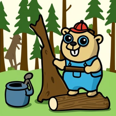 Go blue gopher as a lumberjack, standing proudly, holding an ax, next to a chopped off log.