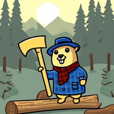 Go blue gopher as a lumberjack, standing proudly, holding an ax, next to a chopped off log.