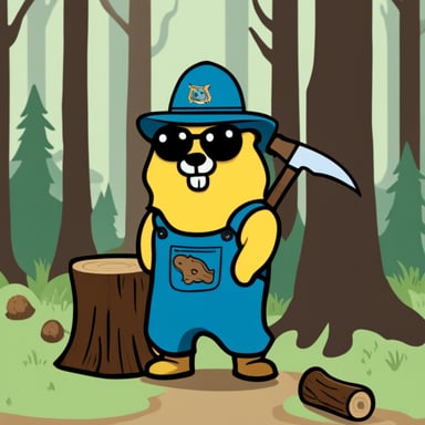 Go blue gopher as a lumberjack, standing proudly, holding an ax, next to a chopped off log.