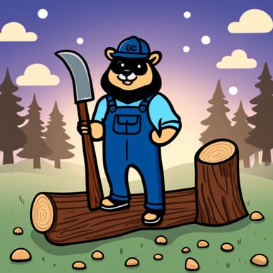 Go blue gopher as a lumberjack, standing proudly, holding an ax, next to a chopped off log.
