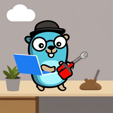 Go blue gopher holding screwdriver and laptop.