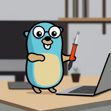 Go blue gopher holding screwdriver and laptop.