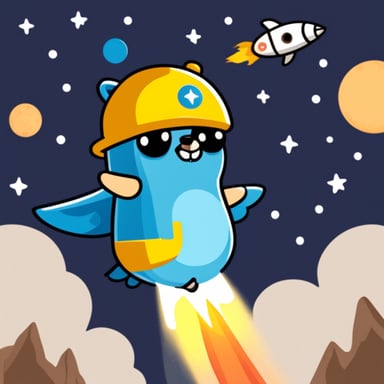 Go Blue Gopher flying on rocket.