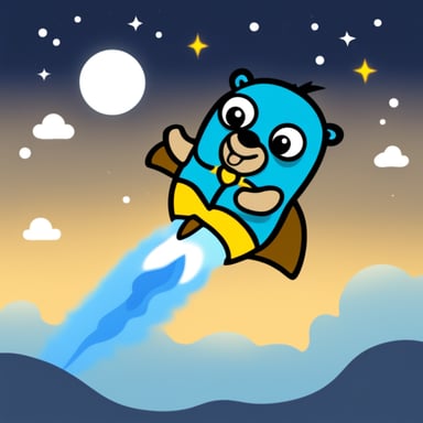 Go Blue Gopher flying on rocket.