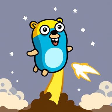 Go Blue Gopher flying on rocket.