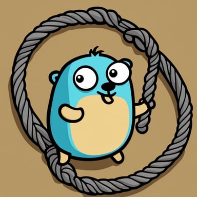 Go blue gopher as a happy rock climber with rope.