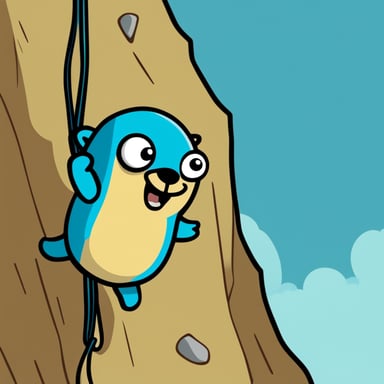 Go blue gopher as a happy rock climber with rope.