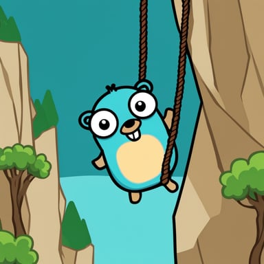 Go blue gopher as a happy rock climber with rope.