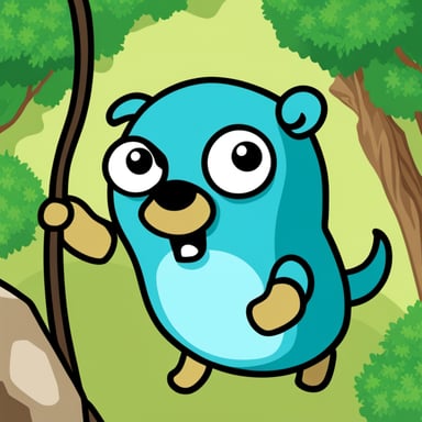 Go blue gopher as a happy rock climber with rope.