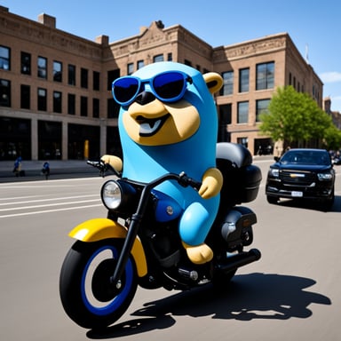 The Go Blue Gopher was seen driving a Harley Davidson motorcycle, showcasing its adventurous spirit.