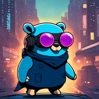 Go Blue Gopher explores a cyberpunk city.