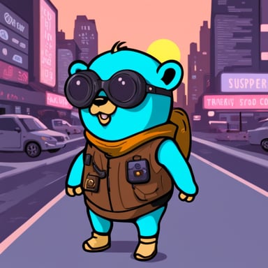 Go Blue Gopher explores a cyberpunk city.