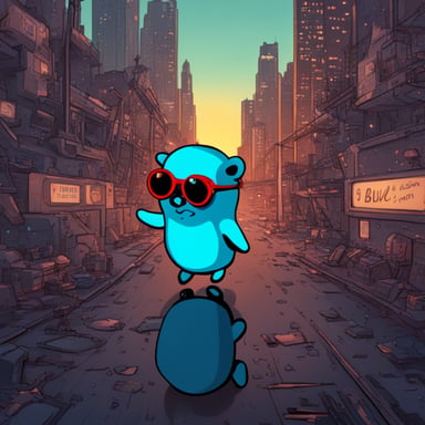 Go Blue Gopher explores a cyberpunk city.