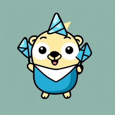 Go Blue Gopher is portrayed as a happy mascot with long white hair. In a simple drawing style, Go Blue Gopher holds a garland with four triangles. On the first triangle is the character v, on the second 1, the third 0, and on the fourth also 0.