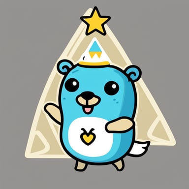 Go Blue Gopher is portrayed as a happy mascot with long white hair. In a simple drawing style, Go Blue Gopher holds a garland with four triangles. On the first triangle is the character v, on the second 1, the third 0, and on the fourth also 0.
