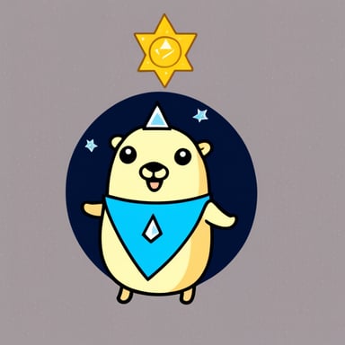 Go Blue Gopher is portrayed as a happy mascot with long white hair. In a simple drawing style, Go Blue Gopher holds a garland with four triangles. On the first triangle is the character v, on the second 1, the third 0, and on the fourth also 0.