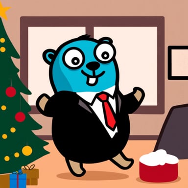 Go Blue Gopher wearing a black tie during a Christmas party.