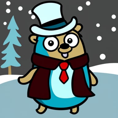 Go Blue Gopher wearing a black tie during a Christmas party.