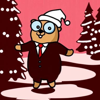 Go Blue Gopher wearing a black tie during a Christmas party.