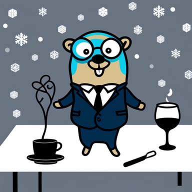 Go Blue Gopher wearing a black tie during a Christmas party.