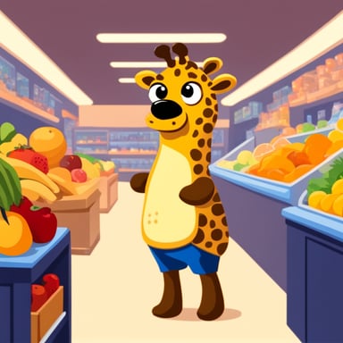 Go Blue Gopher looking like a giraffe in a shop selling fruits.