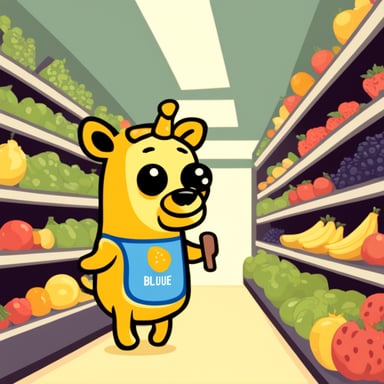 Go Blue Gopher looking like a giraffe in a shop selling fruits.