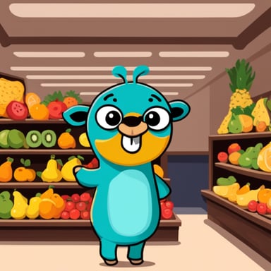 Go Blue Gopher looking like a giraffe in a shop selling fruits.