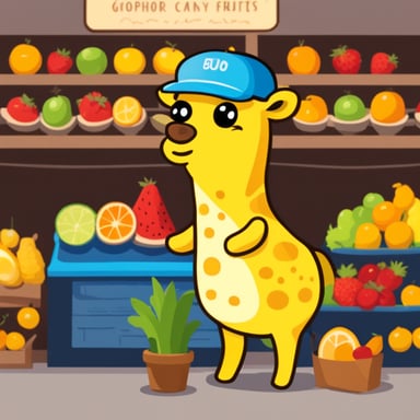 Go Blue Gopher looking like a giraffe in a shop selling fruits.