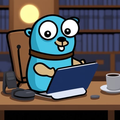 Go Blue Gopher looking for a job on their laptop.