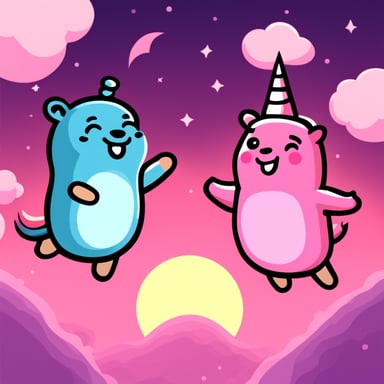 Go blue gopher and a pink gopher, the pink one with a unicorn, high-fiving each other while jumping on top of the earth.