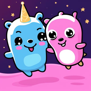 Go blue gopher and a pink gopher, the pink one with a unicorn, high-fiving each other while jumping on top of the earth.
