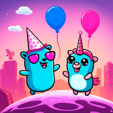 Go blue gopher and a pink gopher, the pink one with a unicorn, high-fiving each other while jumping on top of the earth.