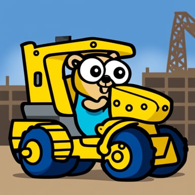 Go blue gopher seriously looking while steering yellow construction machinery.