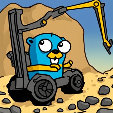Go blue gopher seriously looking while steering yellow construction machinery.