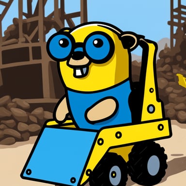 Go blue gopher seriously looking while steering yellow construction machinery.
