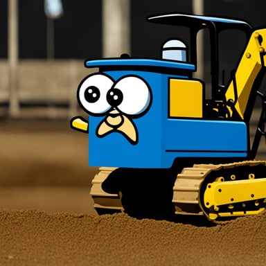 Go blue gopher seriously looking while steering yellow construction machinery.