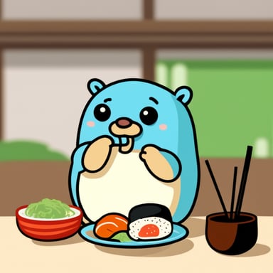 Go Blue Gopher eating sushi in Japan.