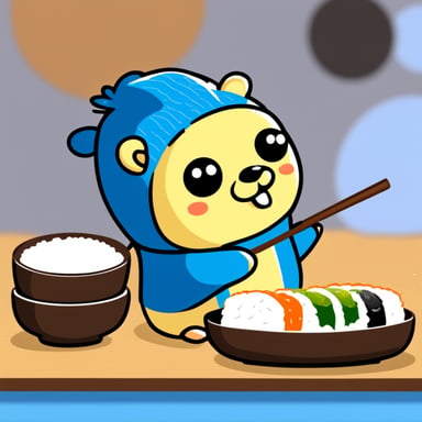Go Blue Gopher eating sushi in Japan.