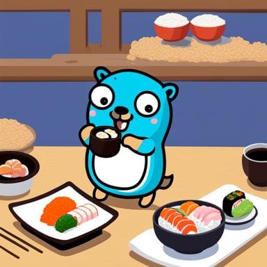 Go Blue Gopher eating sushi in Japan.