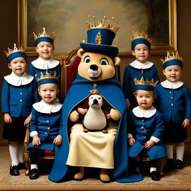 Go Blue Gopher as Queen Elizabeth with 9 children.