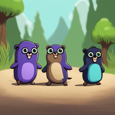 Three gophers. One girl and two boys. The girl is purple with long brown hair, one boy, Go Blue Gopher, is the tallest and he is blue with short black hair, and the last one is a little bit fat and green with green eyes.