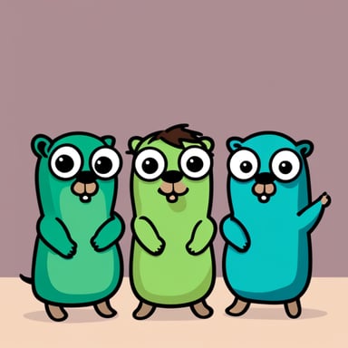 Three gophers. One girl and two boys. The girl is purple with long brown hair, one boy, Go Blue Gopher, is the tallest and he is blue with short black hair, and the last one is a little bit fat and green with green eyes.