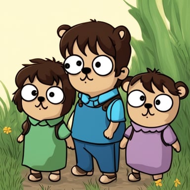 Three gophers. One girl and two boys. The girl is purple with long brown hair, one boy, Go Blue Gopher, is the tallest and he is blue with short black hair, and the last one is a little bit fat and green with green eyes.