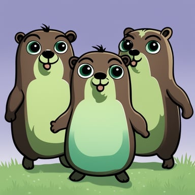 Three gophers. One girl and two boys. The girl is purple with long brown hair, one boy, Go Blue Gopher, is the tallest and he is blue with short black hair, and the last one is a little bit fat and green with green eyes.