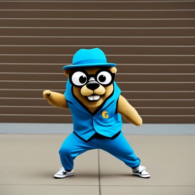 Go Blue Gopher breakdancing and wearing very stylish