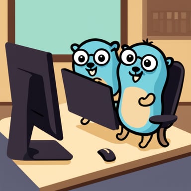 Go Blue Gopher and many gophers working together on computers.