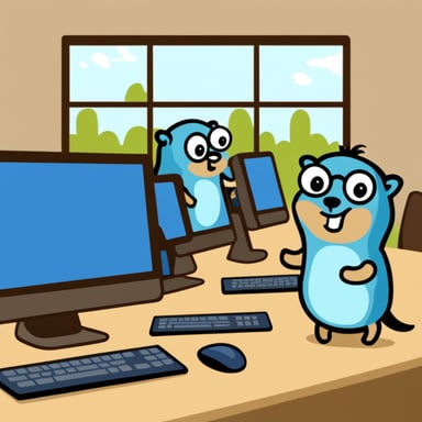 Go Blue Gopher and many gophers working together on computers.