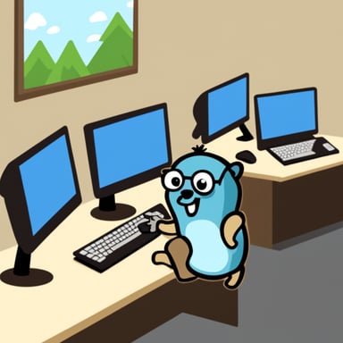 Go Blue Gopher and many gophers working together on computers.